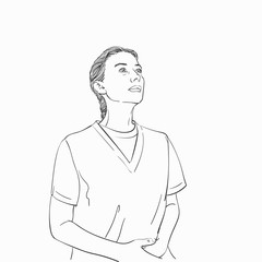 Young woman with hands on her belly looking up on side, Vector sketch, Hand drawn illustration