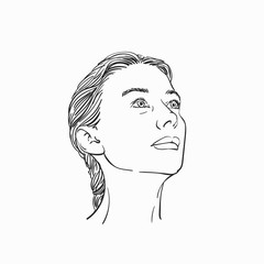 Portrait of young woman looking up on side, Vector sketch, Hand drawn illustration