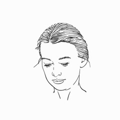 Portrait of young woman looking down, Vector sketch, Hand drawn illustration