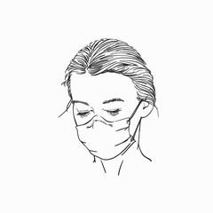 Woman portrait wearing medical face mask and looking down, Hand drawn linear illustration, Vector sketch isolated