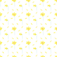 Obraz premium Watercolor yellow narcissus seamless pattern on white background. Hand-drawn endless print of elements of a wildflower: petals, leaves, blossoms for your design. Yellow floral wallpaper.