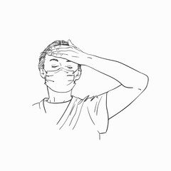 Portrait of young woman in medical face mask holding hand on her forehead, Vector sketch, Hand drawn illustration