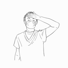 Young woman in medical face mask holding hand on her forehead, Vector sketch, Hand drawn illustration