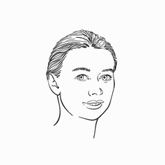 Shy looking young woman portrait with combed hair, Vector sketch, Hand drawn illustration