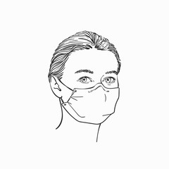 Woman wearing medical face mask, Hand drawn linear portrait, Vector sketch