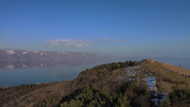 Picturesque shore of Lake Sevan in Armenia. Aerial view. Drone.