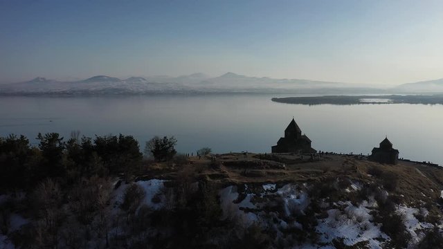 Picturesque shore of Lake Sevan in Armenia. Aerial view. Drone.