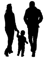 Families with little child walking on street. Isolated silhouettes of people on white background