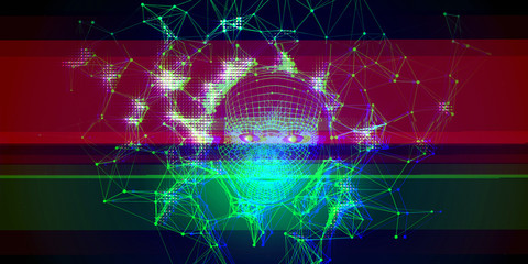 AI. Technology glitch color background  with grid face on black . Futuristic artificial intelligence presentation. Computer communication technology.
