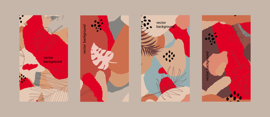 Vector set of abstract backgrounds with tropical leaves and plants - colorful banners, posters, cover design templates, social media stories wallpapers. Simple, stylish and minimal designs.