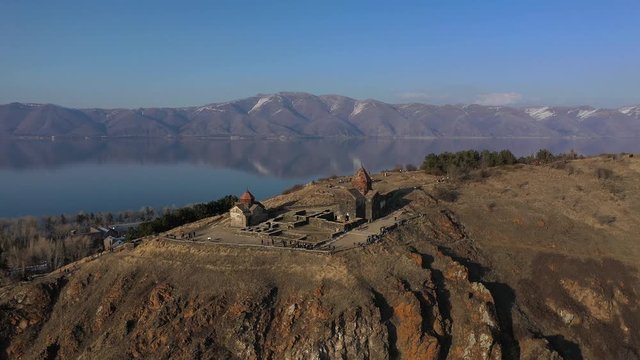 Picturesque shore of Lake Sevan in Armenia. Aerial view. Drone.