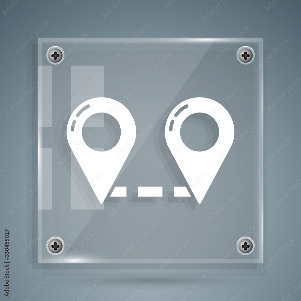Poster white route location icon isolated on grey background. map pointer sign. concept of path or road. gp
