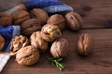 group of nuts or dried fruits on wood