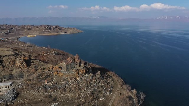 Picturesque shore of Lake Sevan in Armenia. Aerial view. Drone.
