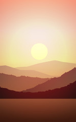 Obraz premium Mountains lake and river landscape silhouette tree horizon Landscape wallpaper Sunrise and sunset Illustration vector style colorful view background