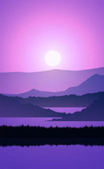 Mountains lake and river landscape silhouette tree  horizon Landscape wallpaper Sunrise and sunset Illustration vector style colorful view background