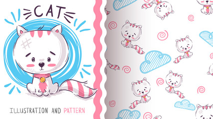 Cute sad cat - seamless pattern