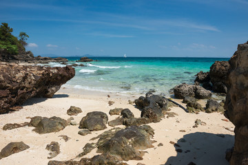 Sea view from tropical beach with sunny sky. Summer paradise beach of phuket island. Tropical shore. Tropical sea in phuket. Ocean beach relax, outdoor travel.Phuket,Thailand