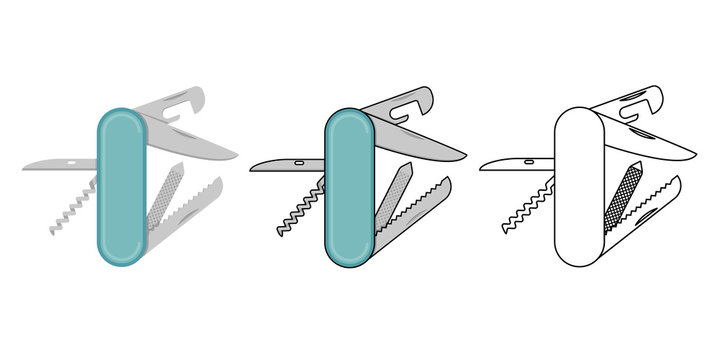 Multitool knife flat vector illustration. Set of three illustrations in different styles.