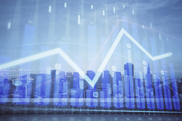 Forex graph on city view with skyscrapers background multi exposure. Financial analysis concept.