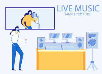 Woman Popular or Novice Singer Record Live Music Song in Professional Studio Standing at Booth with Microphone Watching through Glass Window to Room with Girl. Cartoon Flat Vector Illustration, Banner