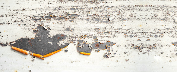 Rusty bright white metal painted exfoliated peeled wall texture, with space for text, background...