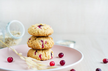 oatmeal cookies with cranberries and cereals on light background, copy space
