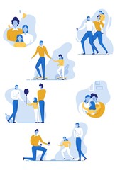 Family Day Concept Flat Cartoon Vector Illustration. Leisure, Active Walks. Happy People Spending Time Together. Mother, Father and Daughter Having Fun, Riding Skate, Eating Ice Cream, Hugging.