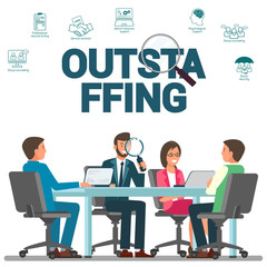 Outstaffing at Workplace Vector Banner Template. HR Expert, Recruiter Searching for Relevant Candidate Cartoon Characters. Recruiting Agency Outsourcing Services Promotional Poster Layout