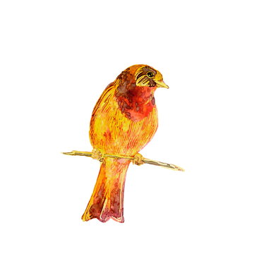 Wild bird sitting on a branch. Orange, brown and yellow hand painted watercolor. Vintage colorful illustration isolated on white background