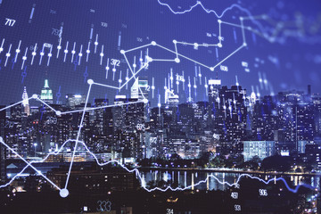 Double exposure of forex chart drawings over cityscape background. Concept of success.
