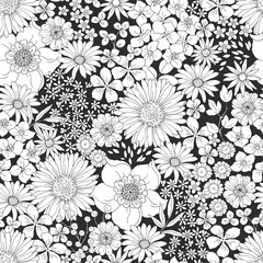 Zwart-wit bloemenpatroon met grote en kleine bloemen. Hand getekend vectorillustratie in vintage stijl.