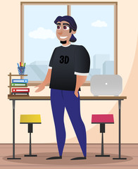 Bearded Man with Ponytail Hair in Design Studio. Design Studio. Office Interior. Creative Designer. Designer in Black T-Shirt in Office on Background Table. Vector Illustration. Design Project.