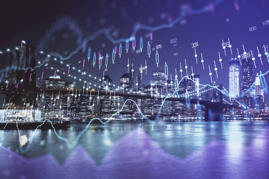 Financial chart on city scape with tall buildings background multi exposure. Analysis concept.
