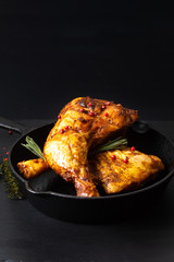 Food concept organic roasted or grilled chicken leg quarters in skillet iron pan on black slate stone plate