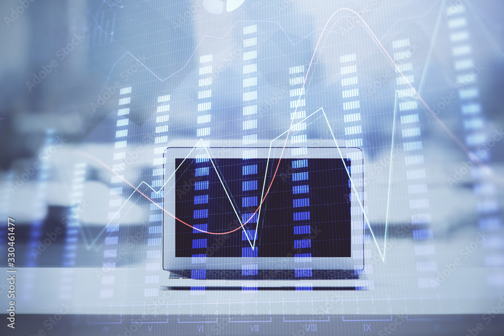 Poster forex chart hologram on table with computer background. multi exposure. concept of financial markets