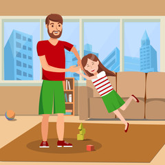 Father Whirling Daughter Flat Vector Illustration. Happy Brother Playing with Sister Cartoon Characters. Family Time. Having Fun, Game, Entertainment. Living Room Interior. Young Man and Teenage Girl