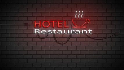 hotel restaurant sign neon lights on brick wall