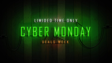 cyber monday sign neon lights on wooden wall vintage