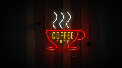 coffee shop sign neon lights on wooden wall vintage