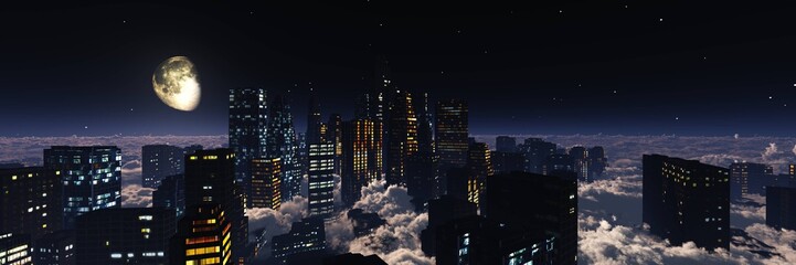 High-rise city at night under the moon among the clouds, skyscrapers under the moon, skyscrapers in the clouds, 3D rendering
