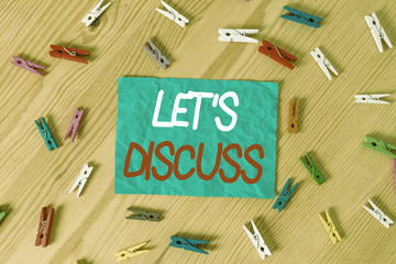 Text sign showing Lets Discuss. Business photo text asking someone to talk about something with...