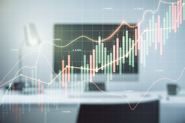 Multi exposure of abstract financial diagram on computer background, banking and accounting concept