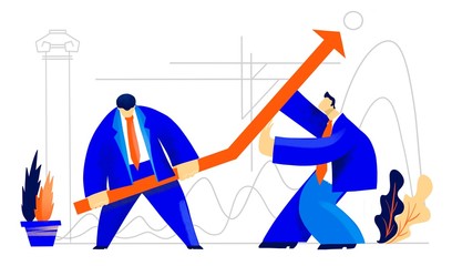 Business people holding arrow up as symbol of supporting business development, solving problems and making right decisions. Business concept illustration 