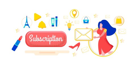 Bright Banner Subscription to Updates Cartoon. Bright Design for Letters with Catalog from Online Stores. Girl Happily Receives Internet Catalogs by Mail. Sales Letter for Direct Sale.