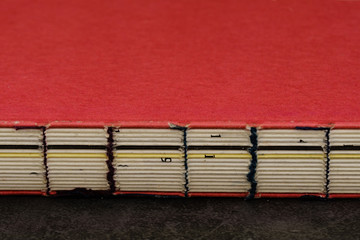 vintage style red cover wire-bound book closeup view