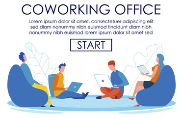 Banner Text Page Advertising Coworking Office. Cartoon Workers People Characters Using Laptop. Freelancers at Work on Comfortable Place. Communication, Sharing Space. Vector Flat Illustration