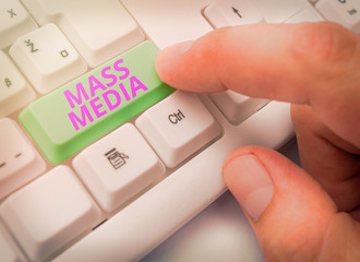 Conceptual hand writing showing Mass Media. Concept meaning Group showing making news to the public...