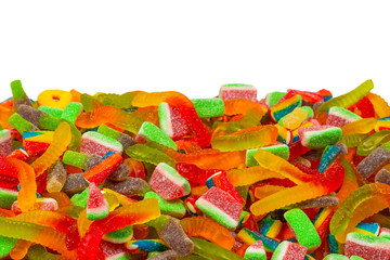 Assorted gummy candies. Top view. Jelly  sweets background.