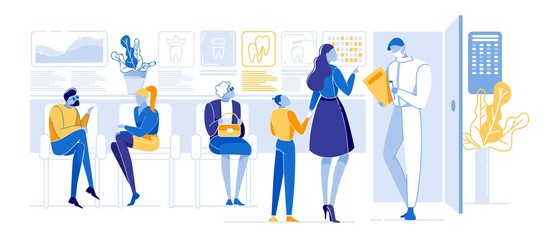 Medicine Concept with Doctor and Patients in Hospital Hall Flat Cartoon Vector Illustration. Medical practitioner Consulting and Giving Medical Diagnosis for illn People. CharactersWaiting in Line.
